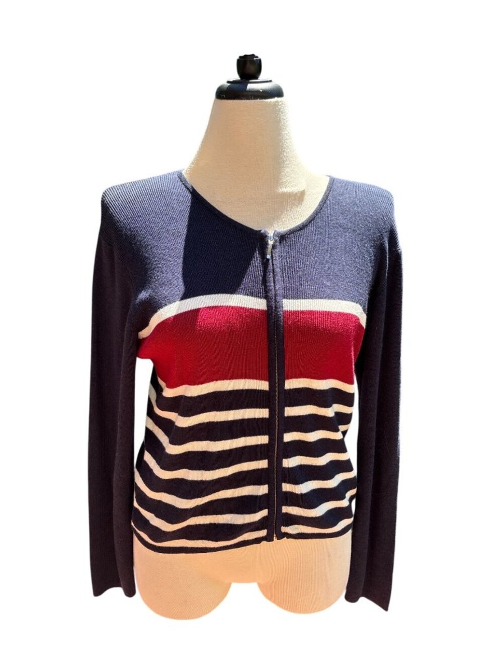 Cardigan Sweater Navy Red White Size Medium Womens Stripe Zip Long Sleeve